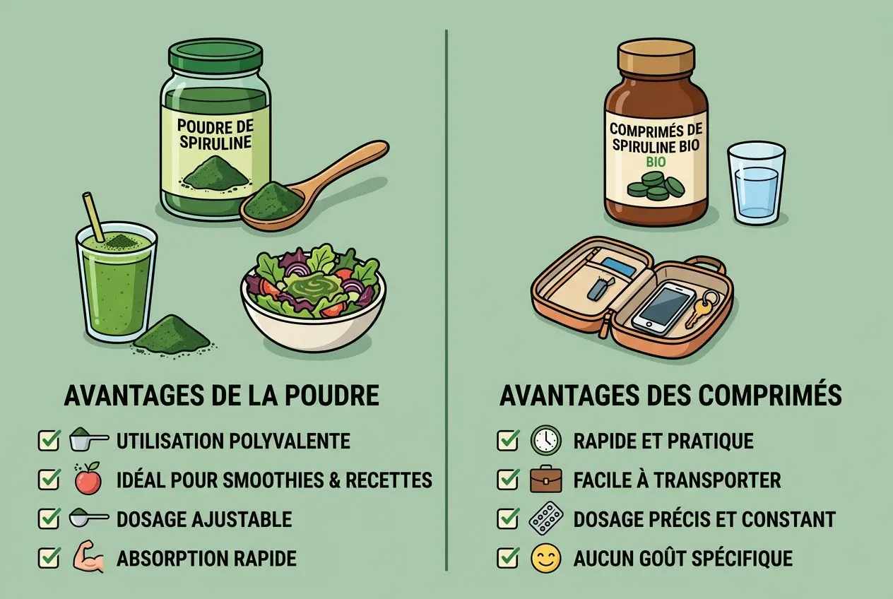 Affiche illustrant cure de spiruline : poudre et comprimés biologiques, bowls de salade, smoothies, matériel de cuisine; liste des avantages et posologie. Integrer cure de spiruline.