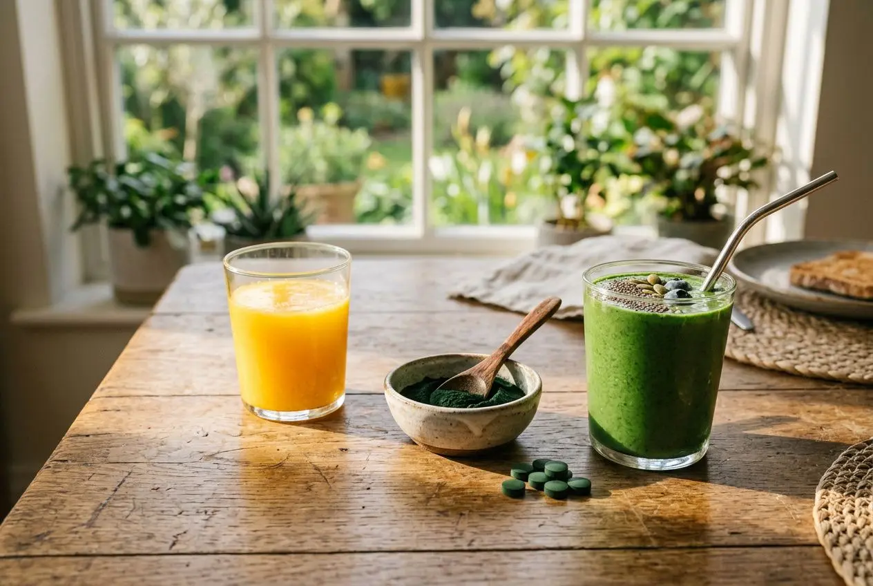 Deux verres de smoothies: orange et vert, accompagnés de spiruline en poudre et de comprimés sur une table en bois près d’une fenêtre lumineuse. Comment prendre spiruline correctement évoqué dans le contexte.