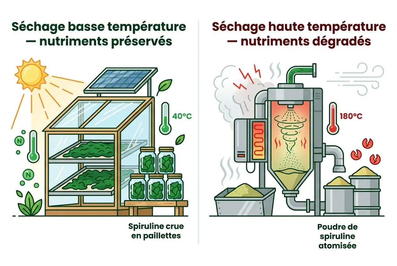 Différents modes de séchage de spiruline: à gauche, panneaux solaires et serres pour spiruline crue en paillettes; à droite, poudre de spiruline atomisée dans un procédé industriel ultratempéré.
