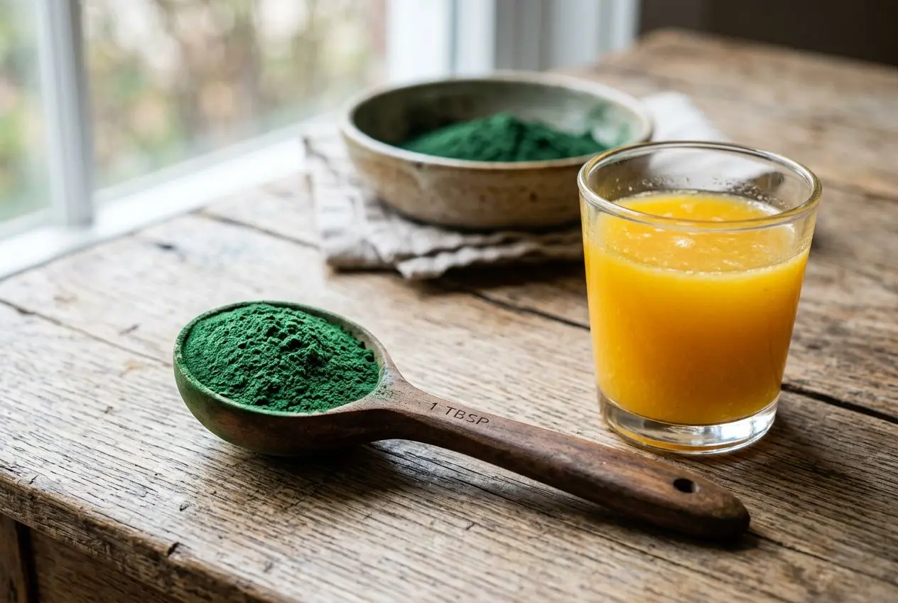 Dosage spiruline quotidien recommandé : cuillère de spiruline en poudre verte et jus orange sur planches en bois, près d’un bol.