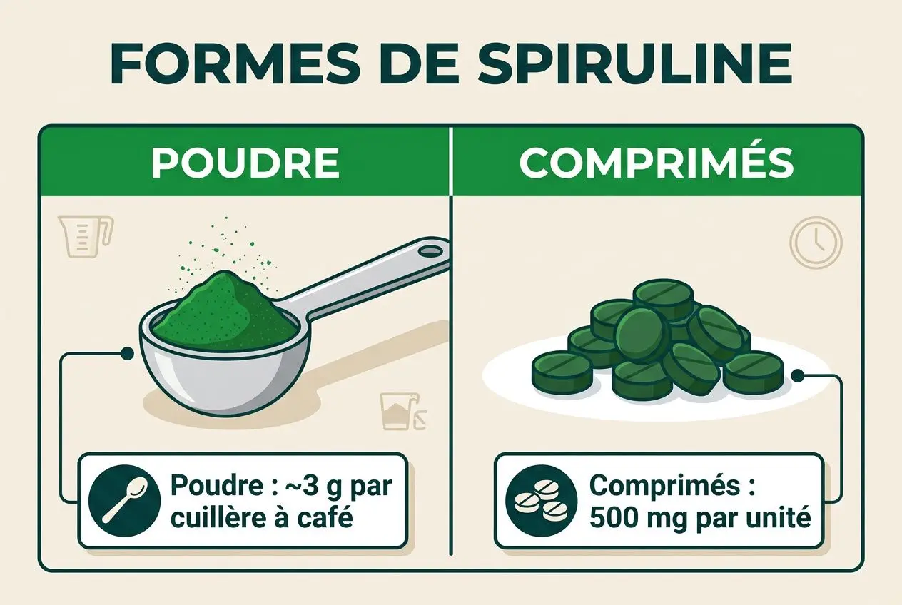 Formes de spiruline: poudre et comprimés illustrant dosages quotidiens; poudre ~3 g par cuillère à café, comprimés 500 mg par unité.