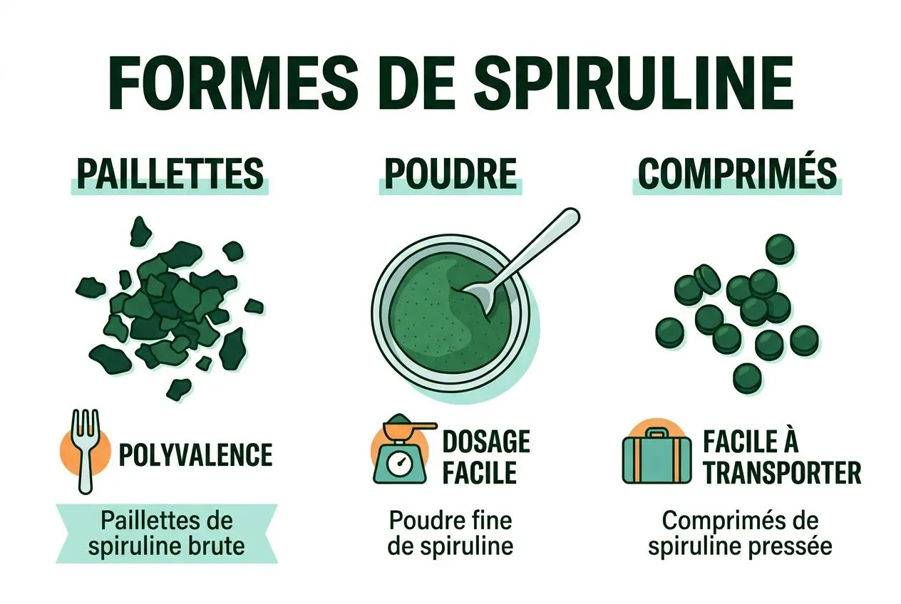 Illustration des formes de spiruline : paillettes, poudre et comprimés, avec icônes et légendes explicatives sur leurs usages et caractéristiques. Intègre le sujet : comment choisir une spiruline de qualité.