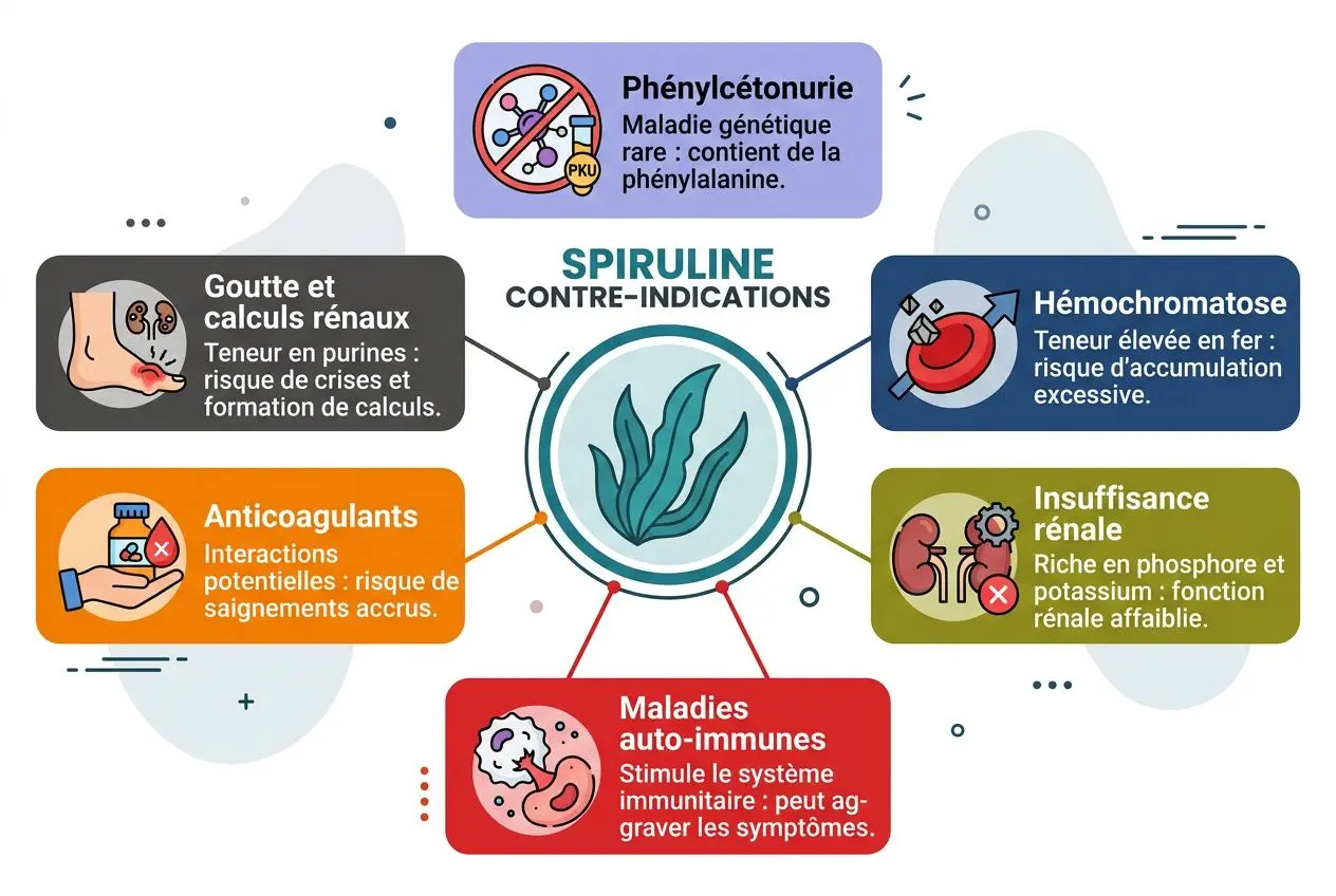 Infographie sur les effets secondaires spiruline et les dangers potentiels, avec sections sur phénylcétonurie, hémoglobine et insuffisance rénale, goutte et calculs rénaux, anticouagulants, maladies auto-immunes et interactions possibles.