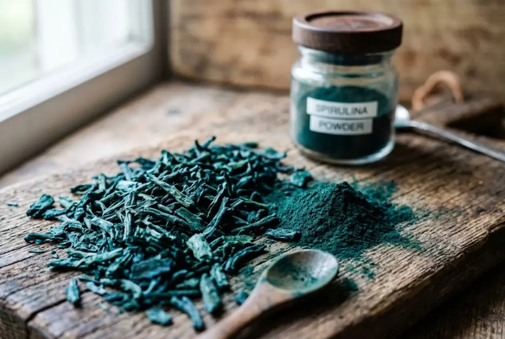Paillettes et poudre de spiruline en vrac sur planche en bois, pot à côté, cuillère en bois prête pour mesurer, selon le thème comment choisir une spiruline de qualité.