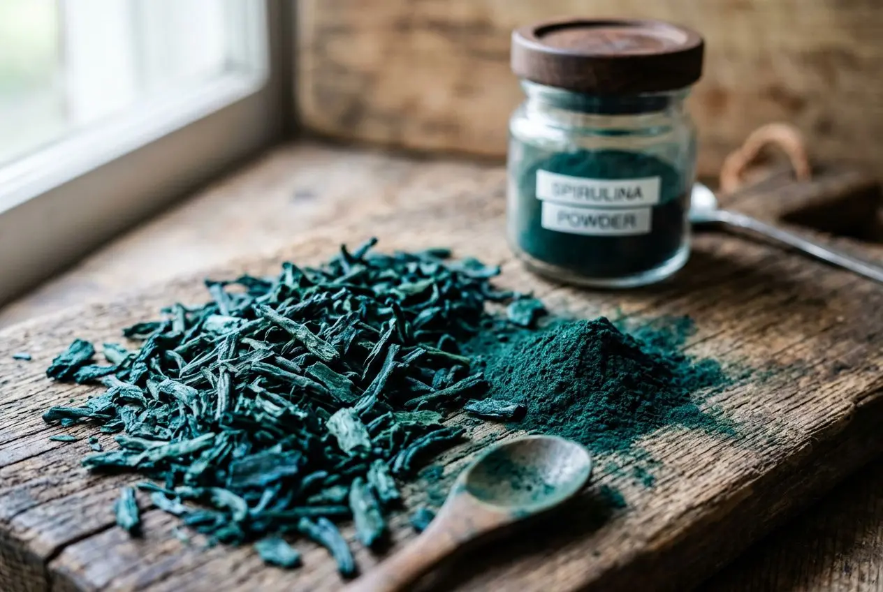 Paillettes et poudre de spiruline en vrac sur planche en bois, pot à côté, cuillère en bois prête pour mesurer, selon le thème comment choisir une spiruline de qualité.