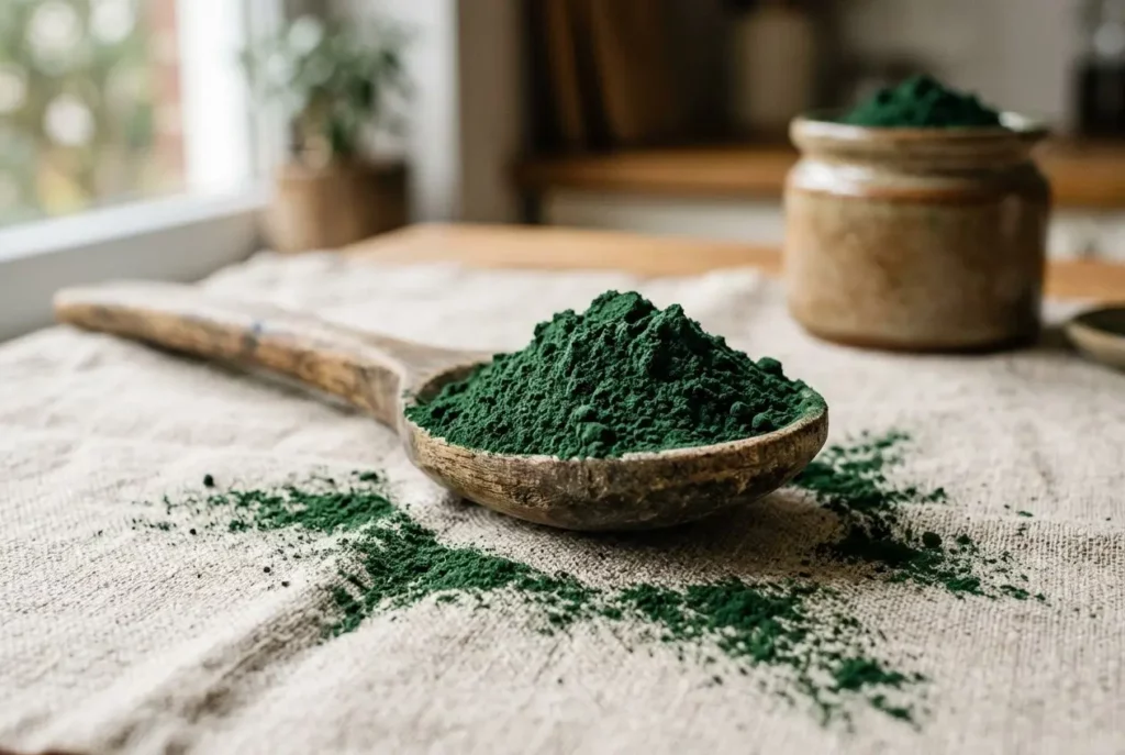 Poudre de spiruline verte sur une cuillère en bois