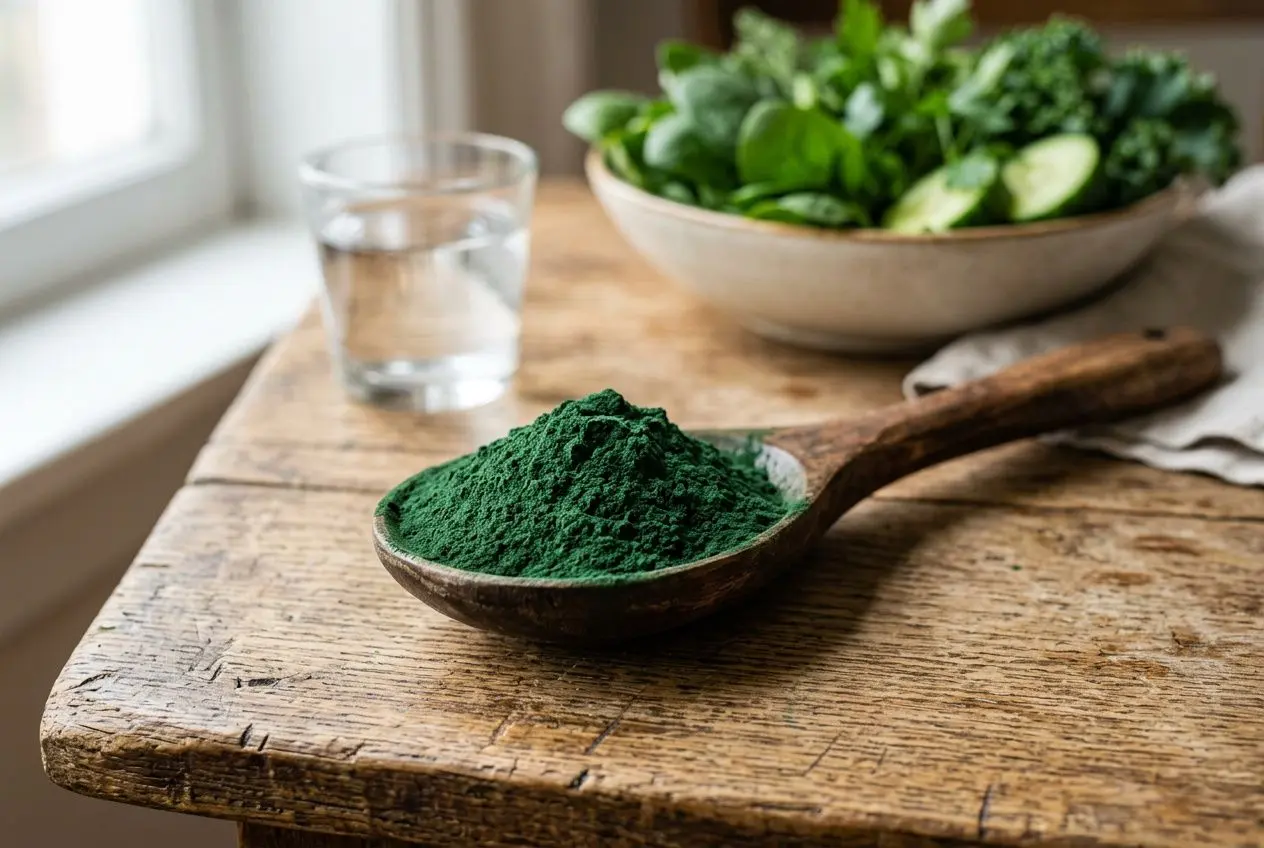 Poudre de spiruline verte dans une cuillère en bois, avec salade en arrière-plan et verre d’eau sur une table en bois. Effets secondaires spiruline possibles.