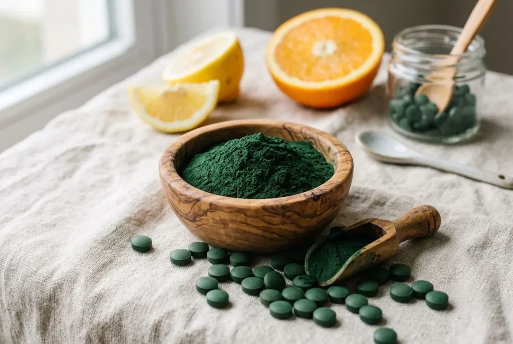 Poudre spiruline verte en poudre dans un bol en bois, entourée de comprimés verts, avec des citrons et un bocal en arrière-plan. Cure de spiruline.