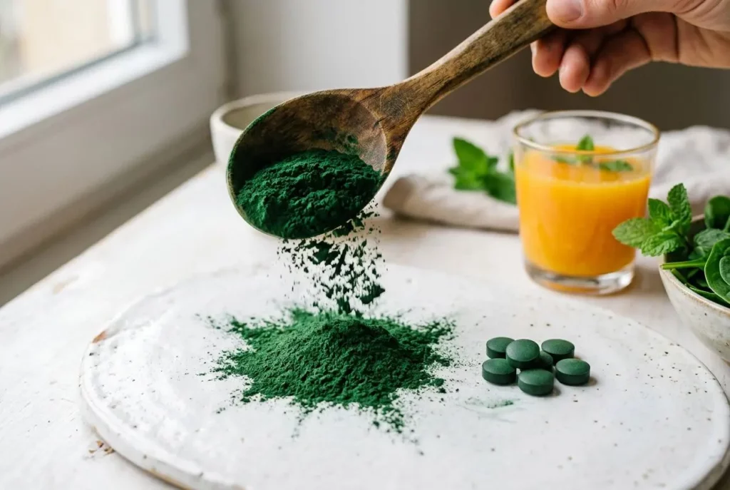 Poudre spiruline verte versée sur une assiette, compléments verticaux et boisson orange à côté, couleurs fraîches et santé. spiruline burkina faso bienfaits santé