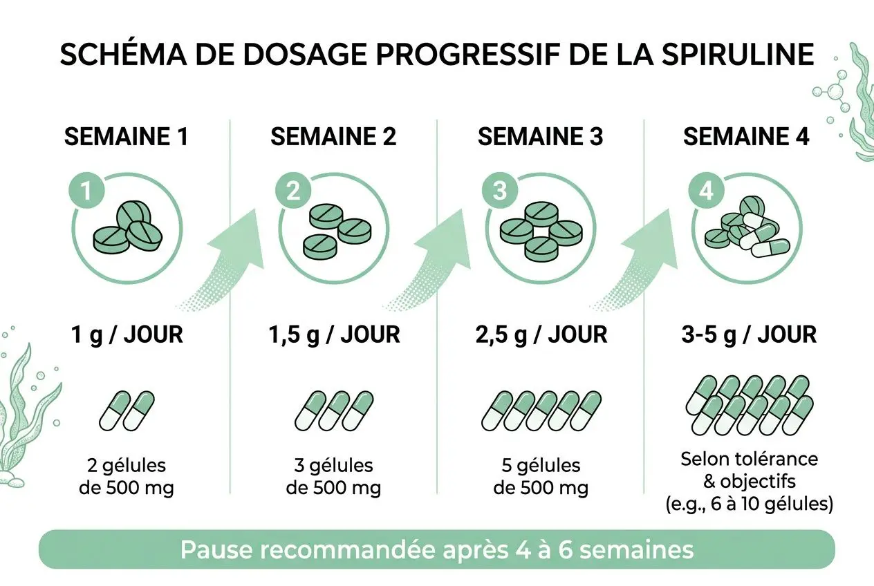 Schéma de dosage progressif de la spiruline sur 4 semaines: 1 g/jour puis 1,5 g/jour, 2,5 g/jour et 3–5 g/jour; doses représentées par des comprimés et selon tolérance.