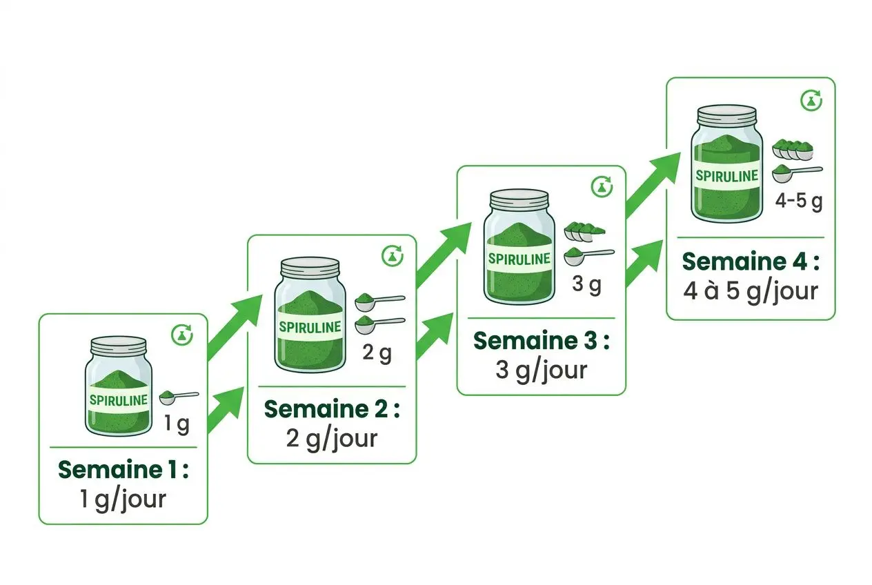 Schéma illustrant le dosage spiruline quotidien recommandé selon les semaines: Semaine 1: 1 g/jour → Semaine 2: 2 g/jour → Semaine 3: 3 g/jour → Semaine 4: 4–5 g/jour. Dosage spiruline quotidien recommandé selon profil.