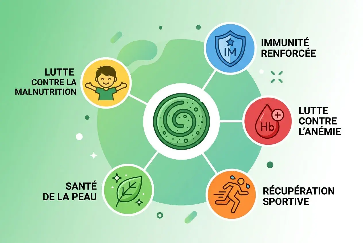 Spiruline Burkina Faso bienfaits santé: infographie circulaire montrant ses atouts contre la malnutrition, immunité renforcée, lutte contre l’anémie, santé de la peau, récupération sportive et énergie.