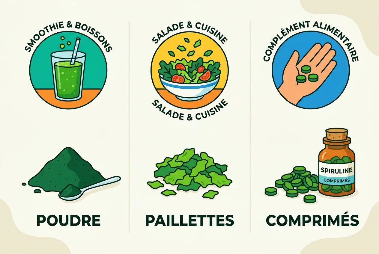 Trois colonnes d’icônes alimentaires: smoothie vert, salade, et comprimés de spiruline; en dessous: poudre, paillettes, comprimés. Inclut le sujet « comment prendre spiruline correctement ».