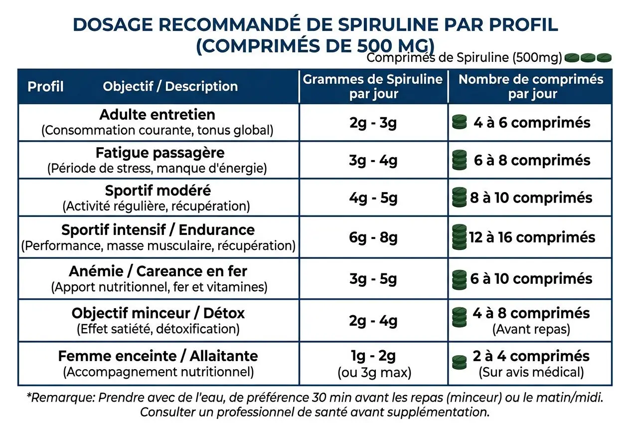 Affiche montrant le dosage recommandé de spiruline par profil (500 mg), avec colonnes grammes par jour et nombre de comprimés par jour.