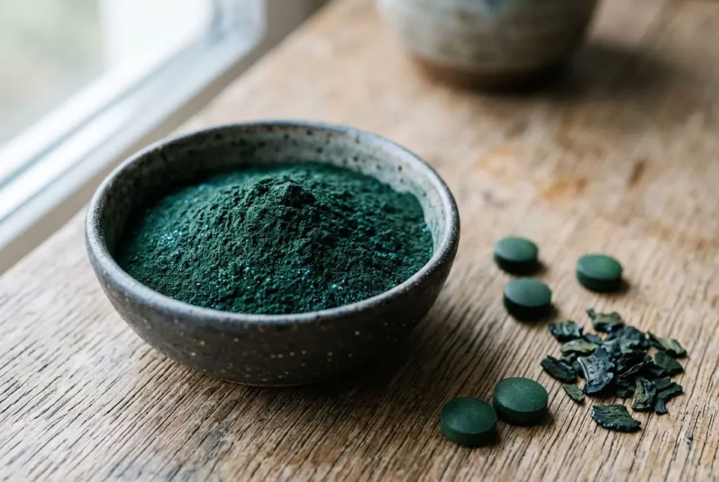 Bol vert foncé en poudre de spiruline et comprimés vert foncé autour, sur une planche en bois. la meilleure spiruline au monde est évoquée.