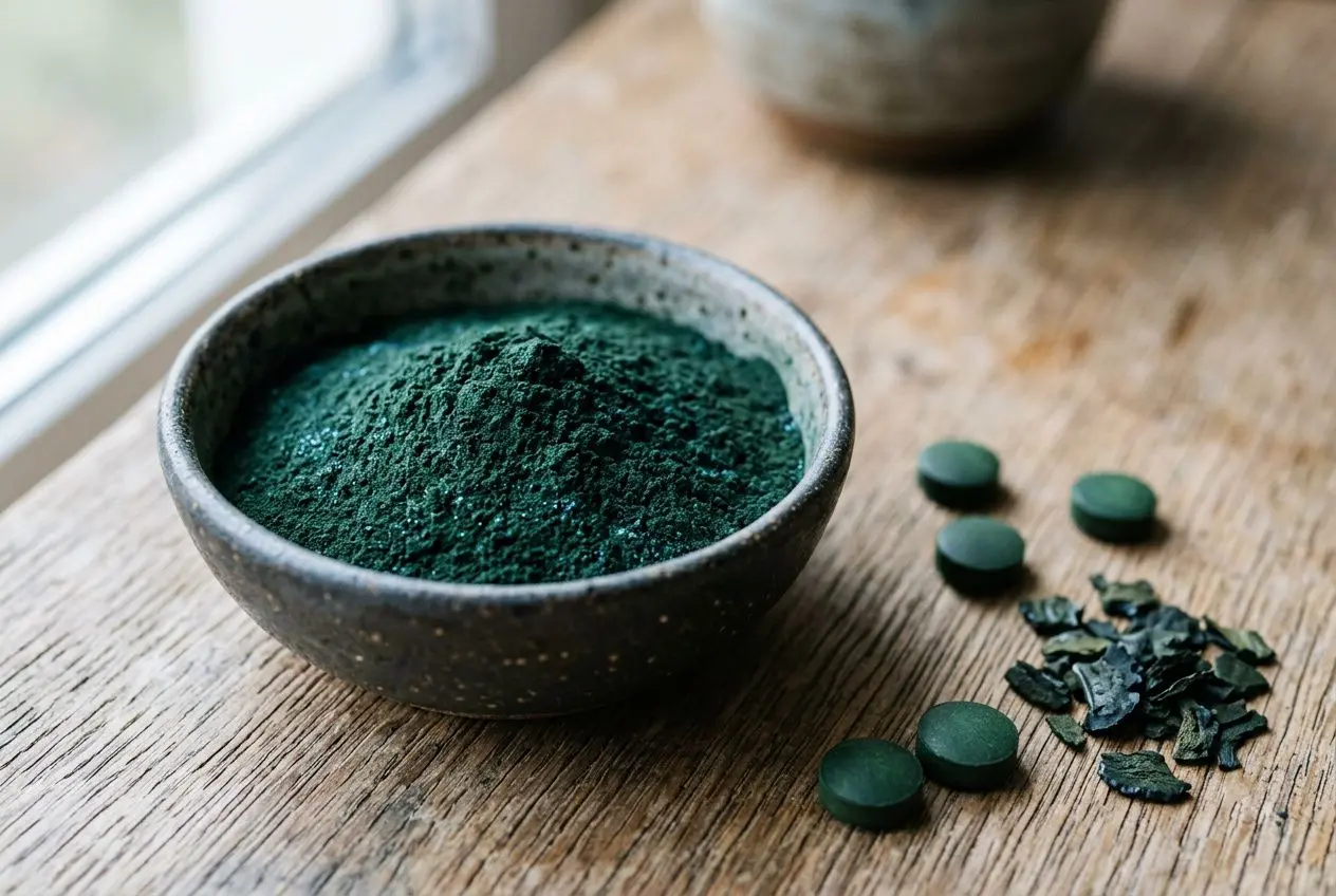 Bol vert foncé en poudre de spiruline et comprimés vert foncé autour, sur une planche en bois. la meilleure spiruline au monde est évoquée.
