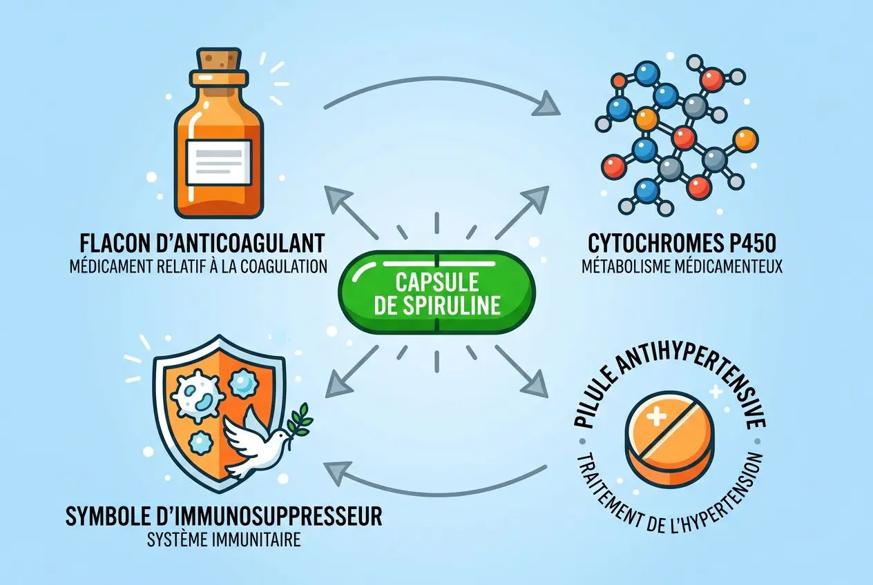 Capsule de spiruline au centre reliée par flèches à des éléments : flacon d’anticoagulant, symbole d’immunosuppresseur, cytochromes P450 et pilule antihypertensive, illustrant les risques et contre-indications. spiruline risques ou contre indicatio