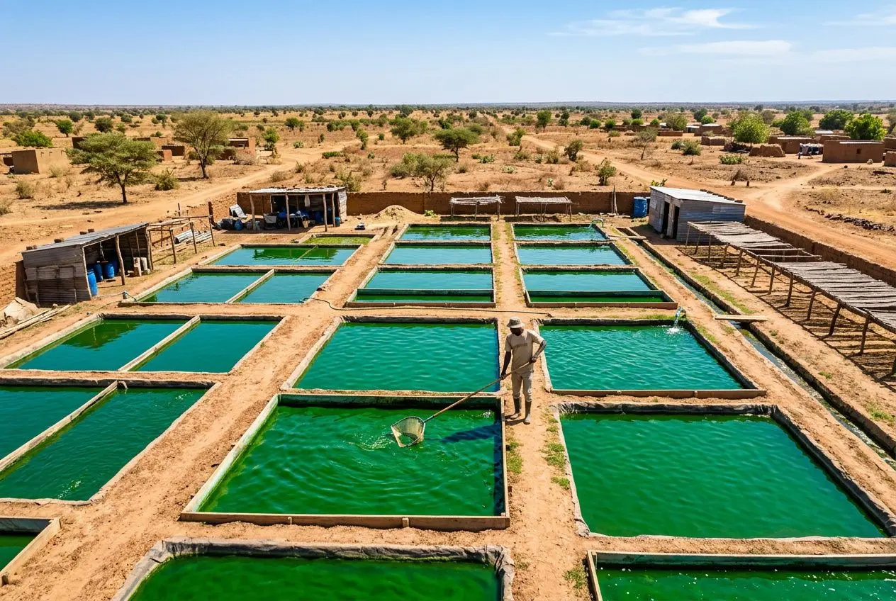 Carreaux de bassins d’irrigation en turquoise dans un désert, avec un homme apportant de l’eau sur fond aride. La meilleure spiruline au monde est mentionnée dans le contexte.