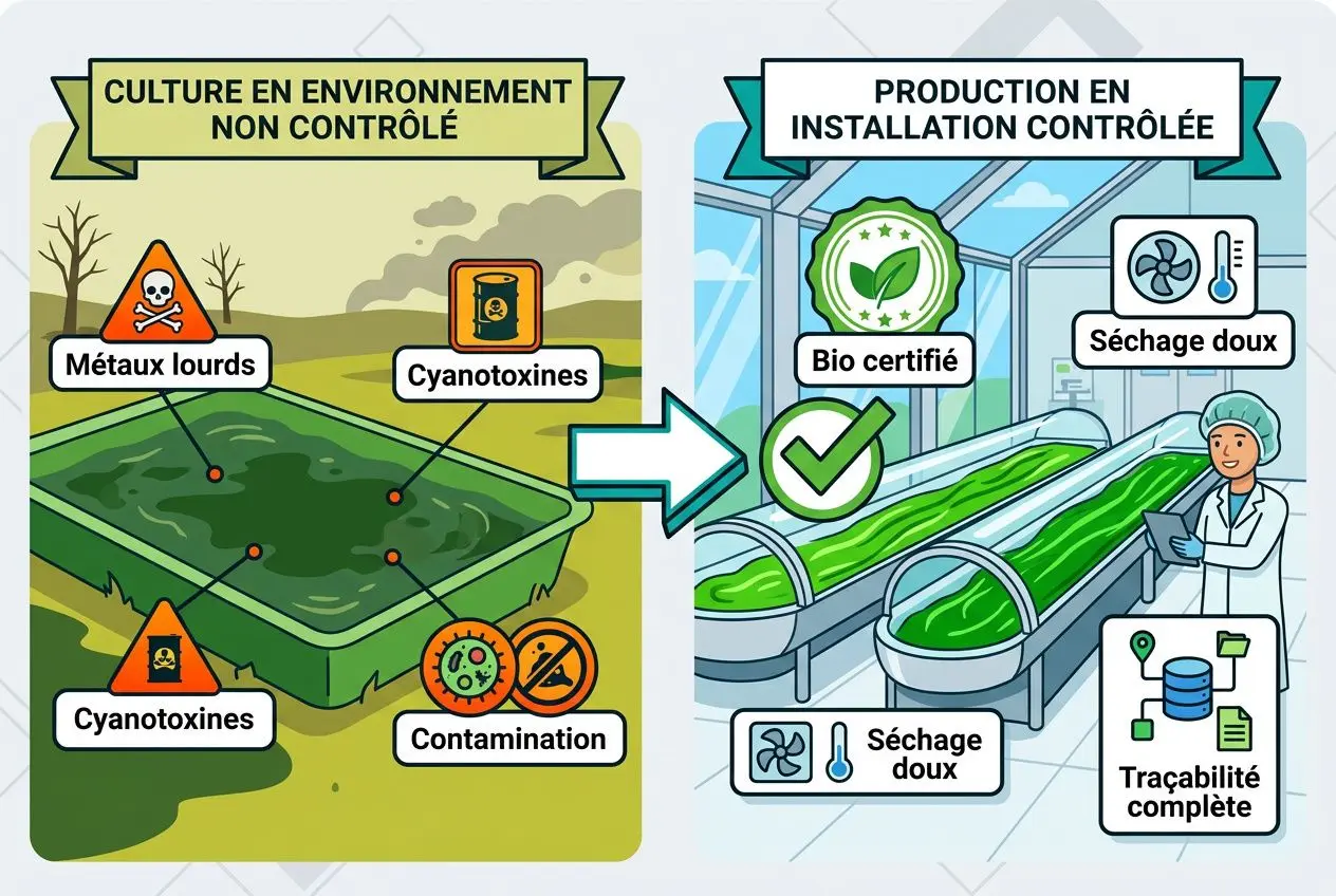 Champ d’algues avec risques (Métaux lourds, cyanotoxines, contamination) et processus de production contrôlée (bio certifié, séchage doux, traçabilité complète). consommER spiruline régulièrement sain