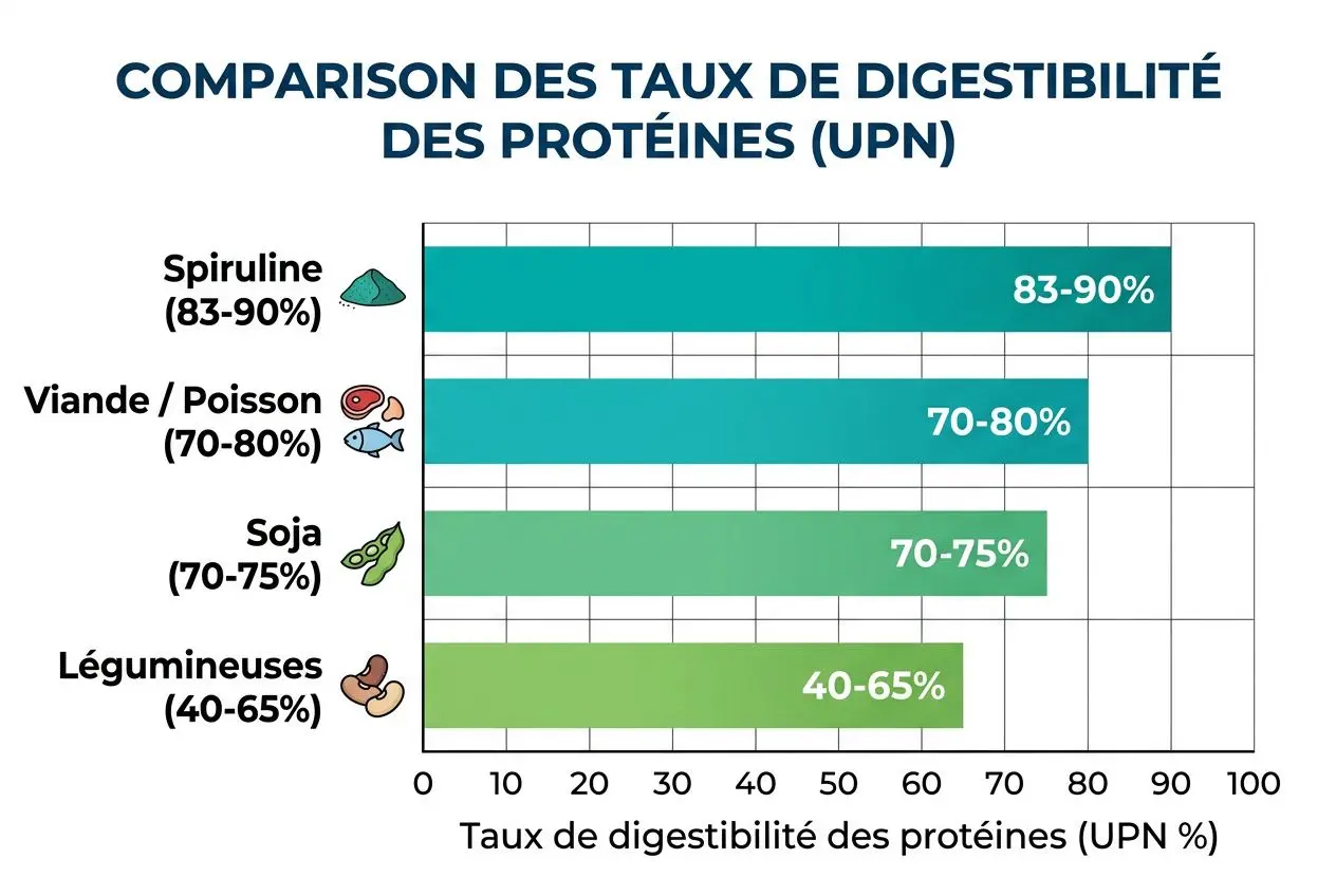 Comparaison des taux de digestibilité des protéines (UPN), Spiruline 83-90%, spiruline protéine complète affichant 83-90% UPN.