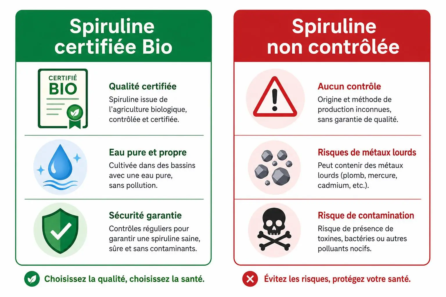 Comparatif: spiruline Bio certifiée et spiruline non contrôlée avec avantages et risques pour la grossesse, image bilingue.