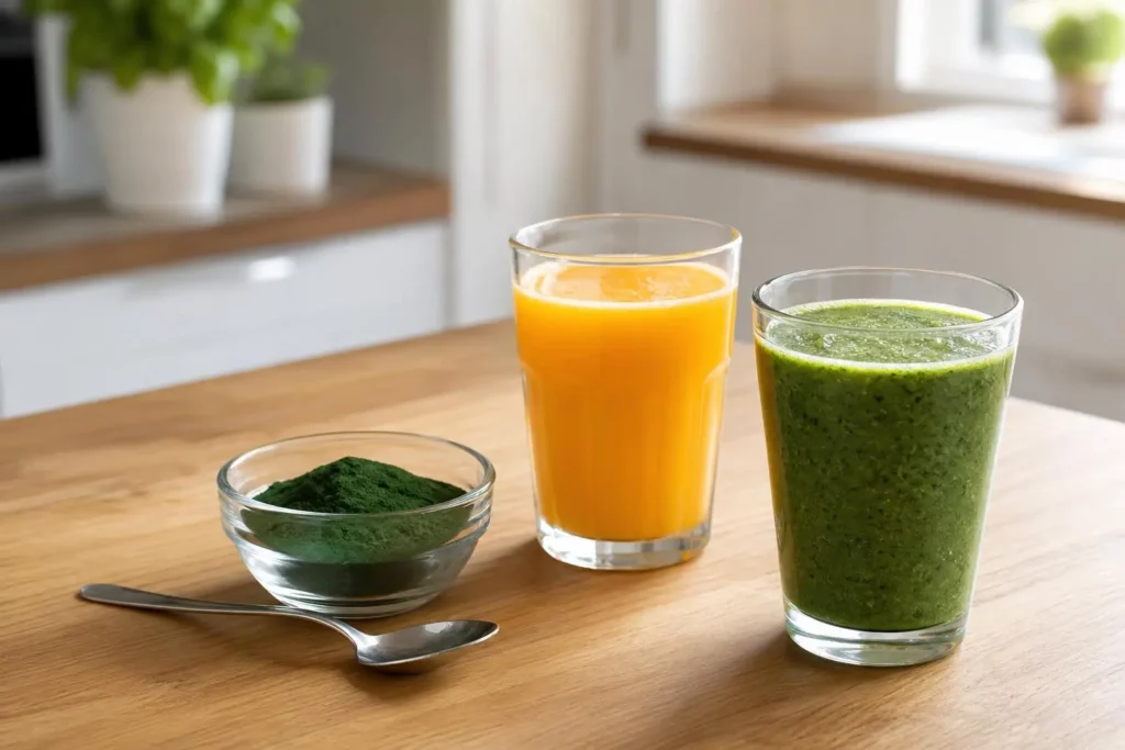 Deux verres de jus colorés (orange et vert) accompagnés d’une cuillère et d’un bol de poudre spiruline en poudre, sur une table en bois.