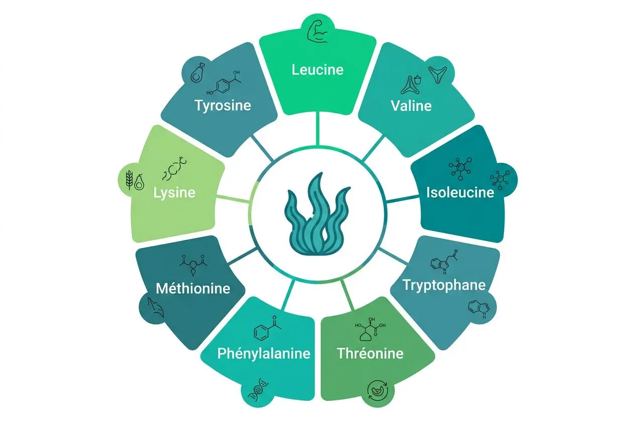 Diagramme circulaire des acides aminés avec spiruline au centre, montrant les 9 acides essentiels dont Leucine et Isoleucine, illustrant la spiruline protéine complète.