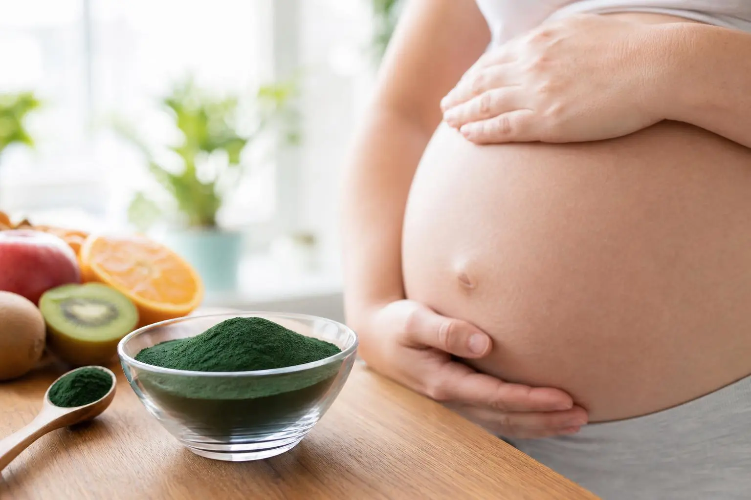 Gros plan sur un ventre de femme enceinte, mains posées dessus, à côté d’un bol de spiruline en poudre et de fruits frais sur une table. Spiruline femme enceinte, bienfaits et précautions évoqués.