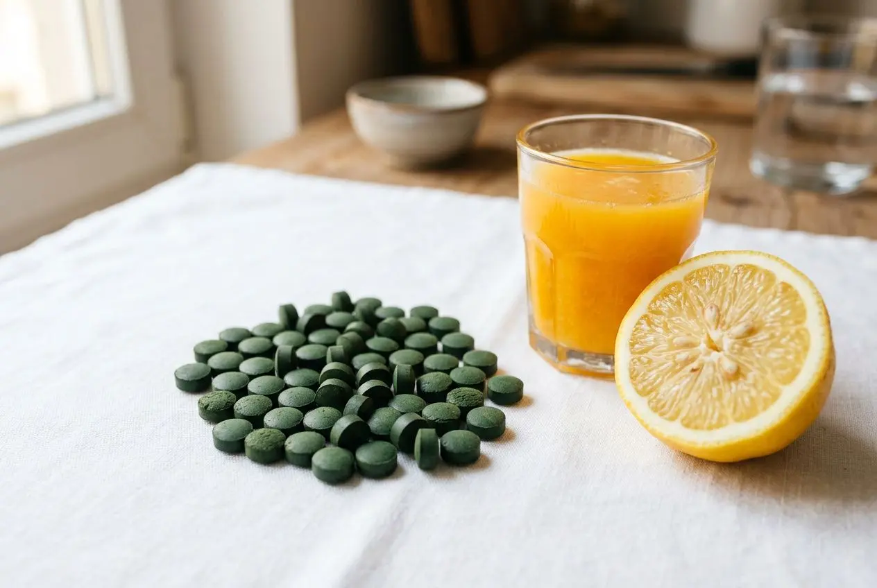 Groupe de comprimés verts près d’un demi-couvert orange et d’un jus d’orange, sur une nappe blanche près d’une cuisine. intégration du mot-clé: comment consommer la spiruline en comprimé.
