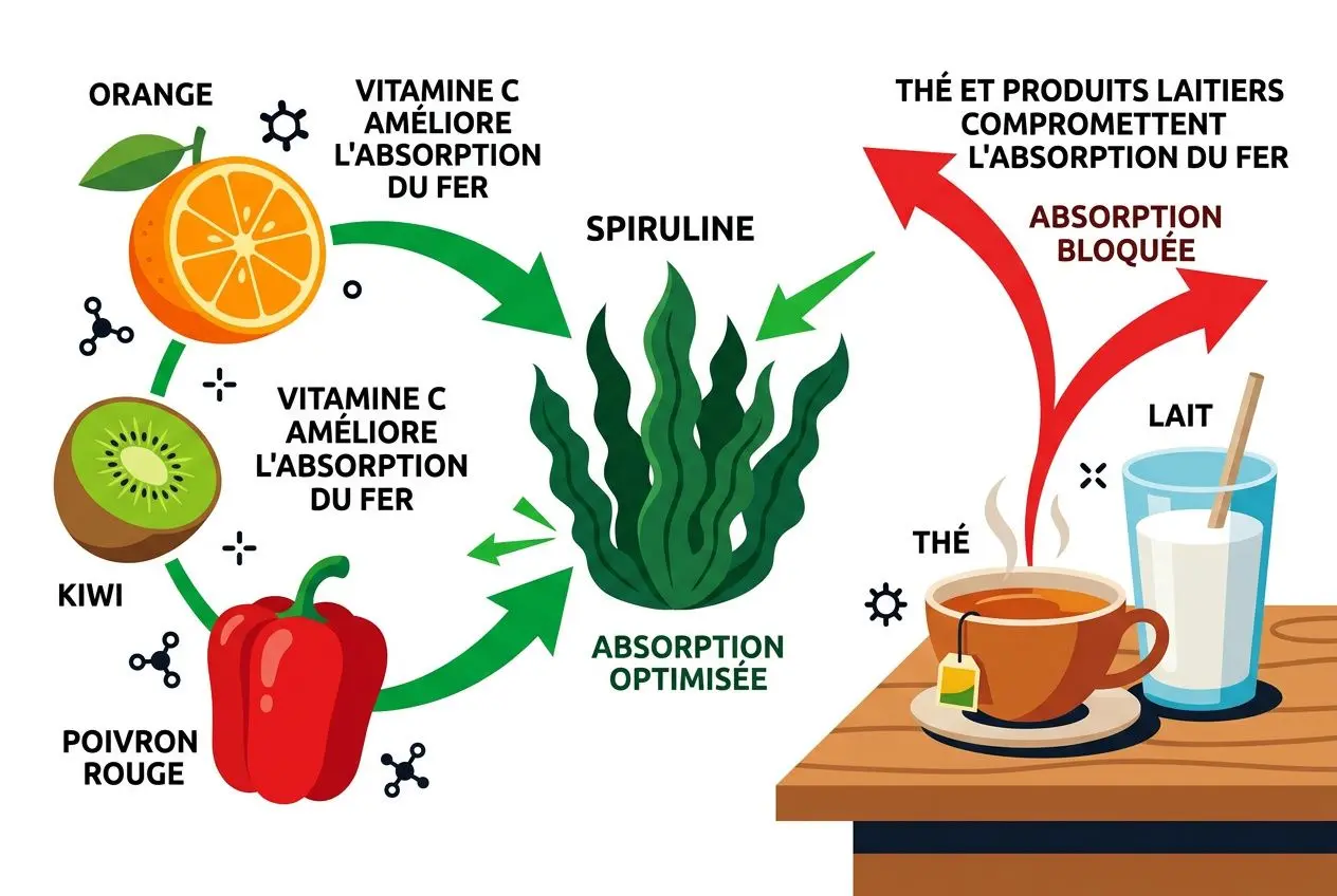 Illustration montrant les aliments source de fer: orange, kiwi, poivron rouge et leur rôle dans l’absorption du fer, spiruline au centre, arrows vertes vers absorption optimisée, puis thé et lait détournés par des flèches rouges bloquant l’absorption. Inclut mention spiruline anémie carence fer.