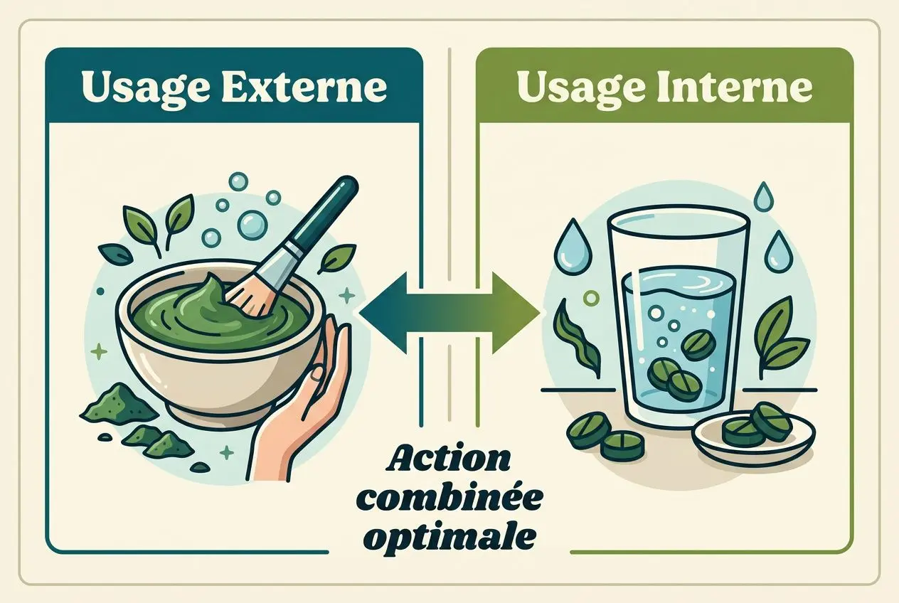 Illustration pédagogique “Usage Externe” et “Usage Interne” montrant une préparation cosmétique à base de spiruline, avec mélange dans un bol et ingestion d’un verre d’eau, suggérant une action combinée optimale pour la peau et les cheveux. spiruline bienfaits peau cheveux.