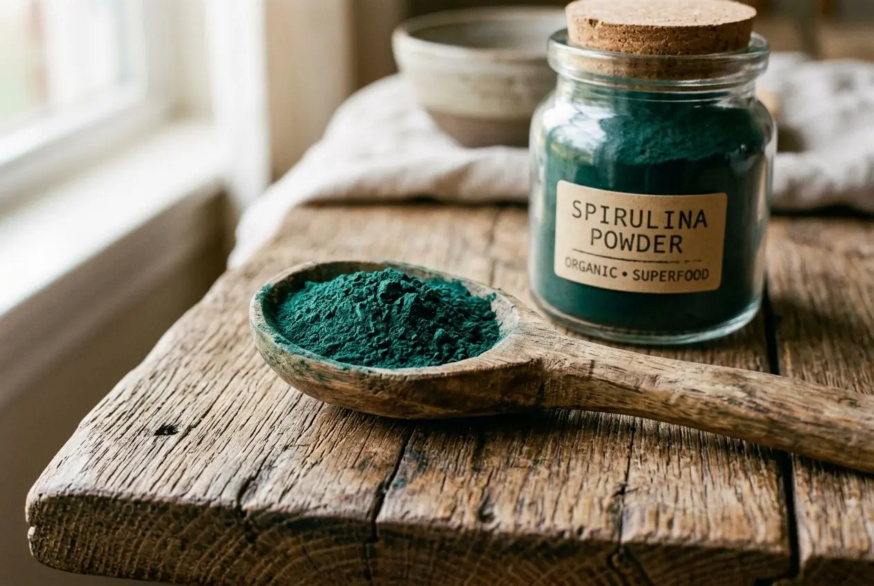 Poudre de spiruline en jarre, couleur vert émeraude, sur une cuillère en bois rustic, ambiance naturelle. spiruline proteine complete est visible.
