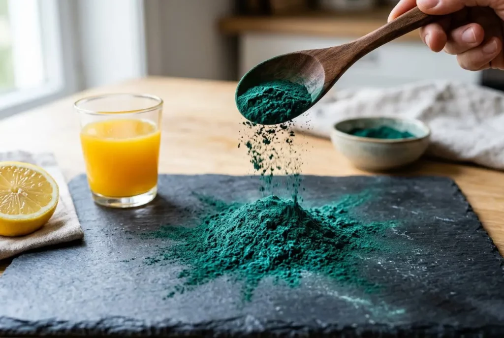 Poudre de spiruline vert émeraude versée sur une surface noire, liée à une boisson orange et un demi-citrons, idéale pour spiruline musculation.