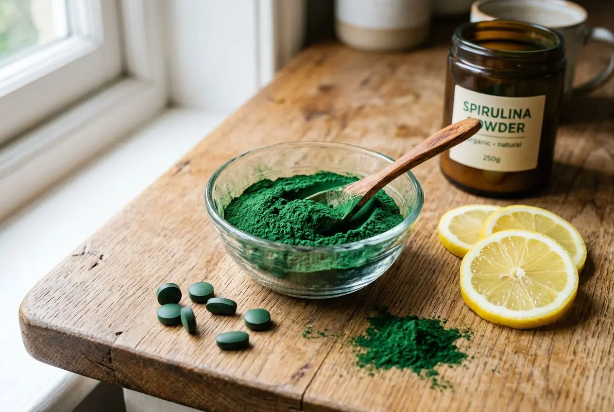 Poudre de spiruline verte en bol sur une table en bois, cuillère, comprimés verts et tranche de citron, pot de spiruline en arrière; illustration de consommer spiruline régulièrement sain.