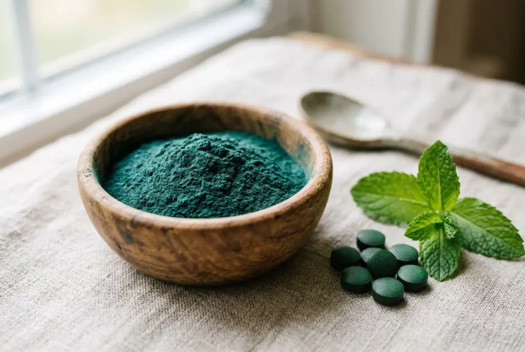Poudre de spiruline verte en poudre dans un bol en bois, accompagnée de comprimés verts et de feuilles de menthe, sur une table en lin.
