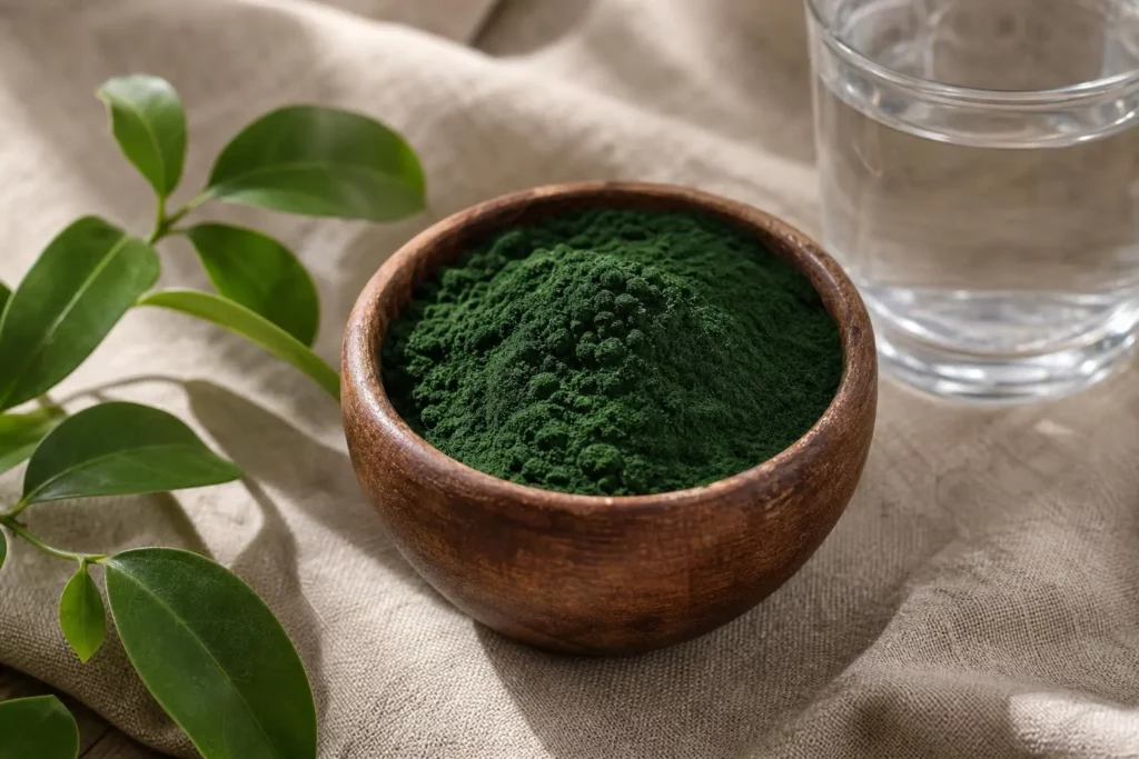 Poudre de spiruline verte en poudre dans un bol en bois, près d’un verre d’eau et de branches vertes. spiruline chute cheveux