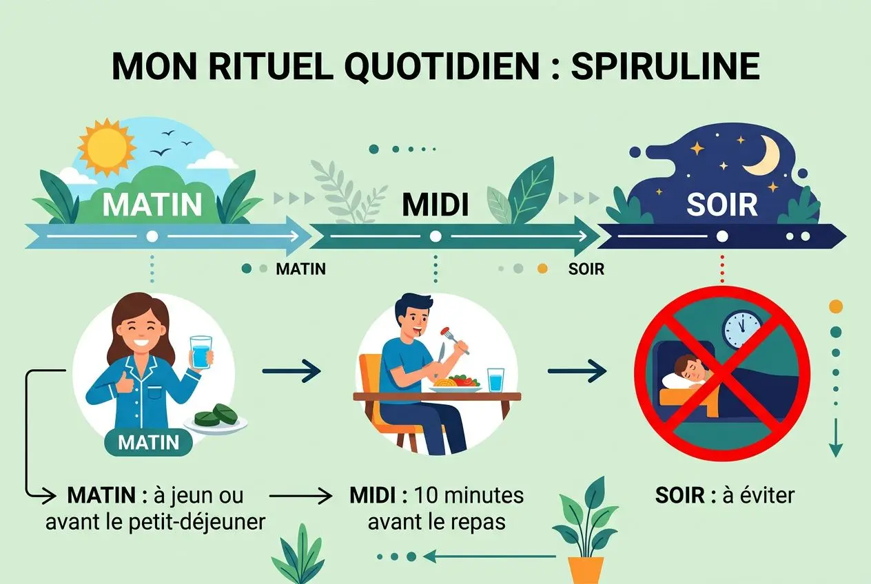 Mon rituel quotidien : spiruline, illustration pédagogique sur le matin, midi et soir. Format pas à pas pour consommer la spiruline en comprimé et ses bienfaits.