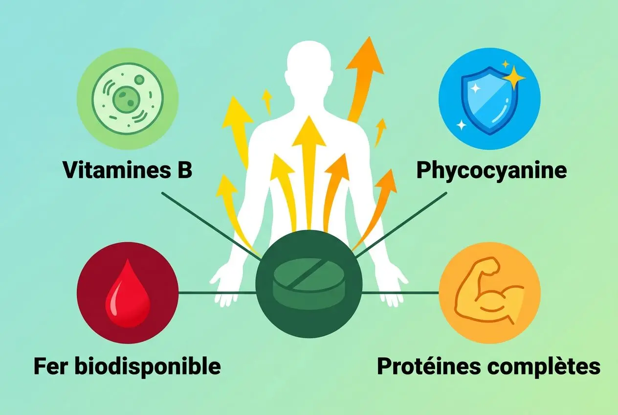 Schéma illustrant les bienfaits de la spiruline pour la santé: vitamines B, phycocyanine, fer biodisponible et protéines complètes autour d’un corps humain.