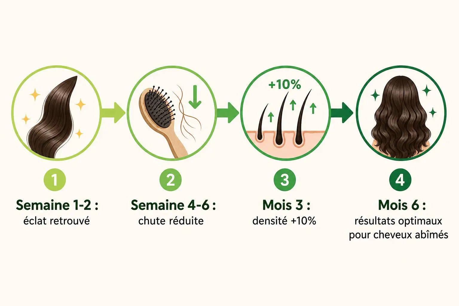 Schéma illustrant les étapes d’utilisation de la spiruline pour la chute cheveux: croissance, réduction de la perte, densité capillaire et cheveux renforcés. spiruline chute cheveux