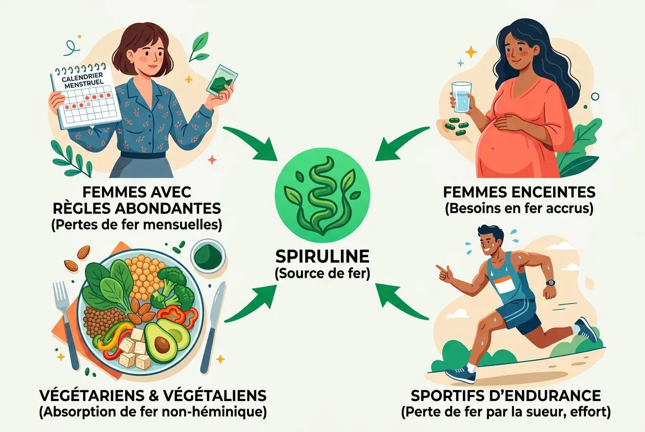 Spiruline, centrale en fer, entourée d’éléments montrant ses bénéfices pour l’anémie: femmes enceintes et végétariens, sportifs d’endurance, et alimentation riche en fer non hémique. spiruline anémie carence fer.