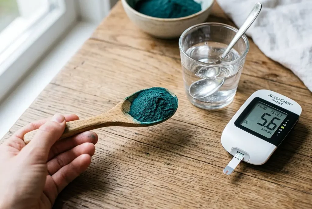 Spiruline en poudre bleue-verte sur cuillère près d’un glucomètre montrant 5,6 mmol/L et un verre d’eau.