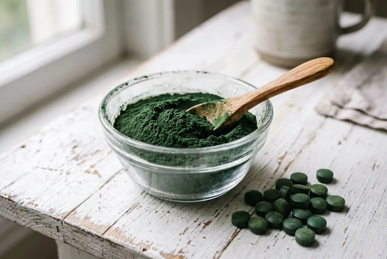Spiruline en poudre verte dans un bol, avec des comprimés verts à côté et une cuillère en bois sur une table blanche. spiruline risques ou contre indicatio intégrée.