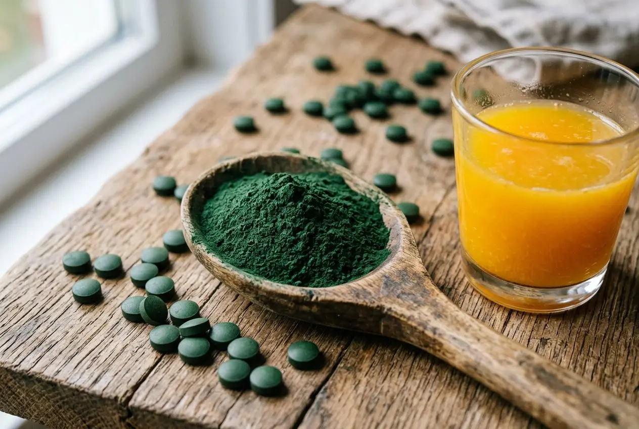 Spiruline en poudre verte dans une cuillère en bois with des comprimés vert foncé autour, et un verre d’orange devant. Alt: spiruline et comprimés, énergie et ferrité. (Note: integrate keyword) Actually must in French: "Cuillère en bois contenant de la spiruline en poudre verte, compléments verts et un verre d’orange, évoquant la spiruline anémie carence fer." Ensure under 125 chars. Let's craft: "Cuillère en bois avec spiruline en poudre verte, comprimés verts et verre d’orange, évoquant spiruline anémie carence fer." Count roughly. Okay. Cuillère en bois avec spiruline en poudre verte, comprimés verts et verre d’orange, évoquant spiruline anémie carence fer.