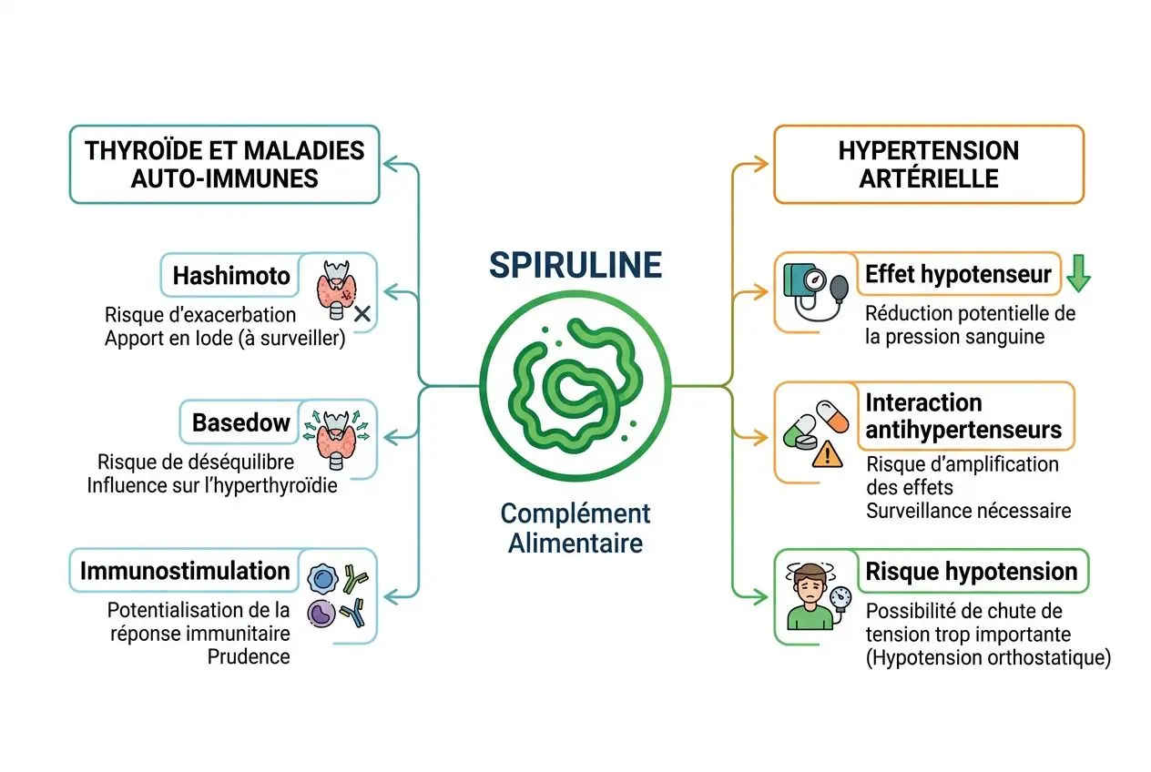 Spiruline risques ou contre indicatio : schéma illustrant les dangers et contre-indications possibles, effets sur thyroïde, hypertension et immunosuppresseurs.