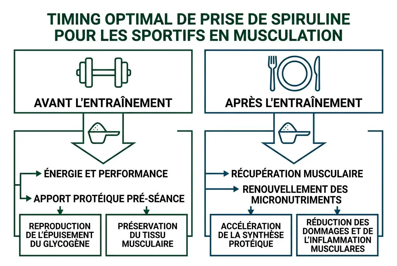 Timing optimal de prise de spiruline pour les sportifs en musculation, avant et après l’entraînement, avec récupération et micro-nutriments. spiruline musculation intégrée naturellement.