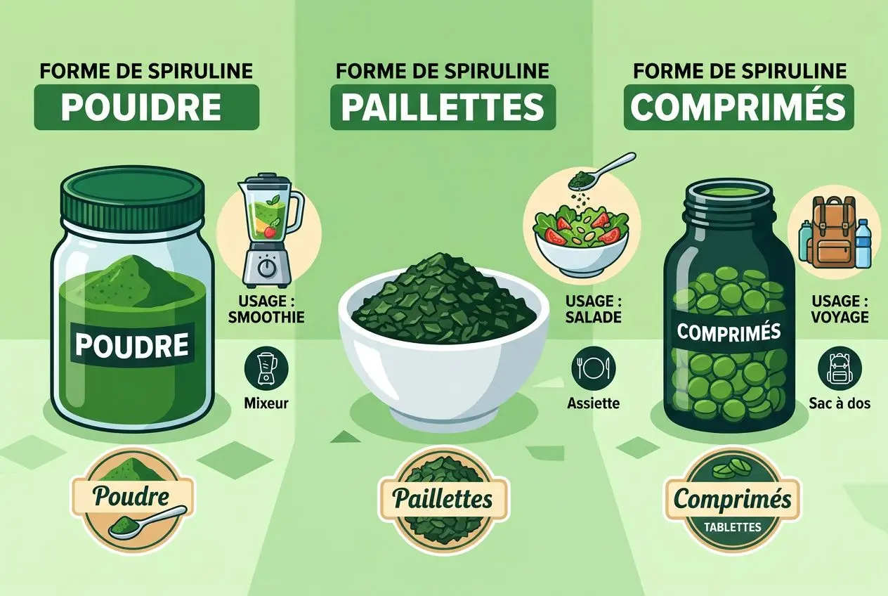Trois formes de spiruline illustrées: poudre en pot, paillettes dans un bol et comprimés dans un flacon, avec ustensiles et étiquettes. la meilleure spiruline au monde intégrée.