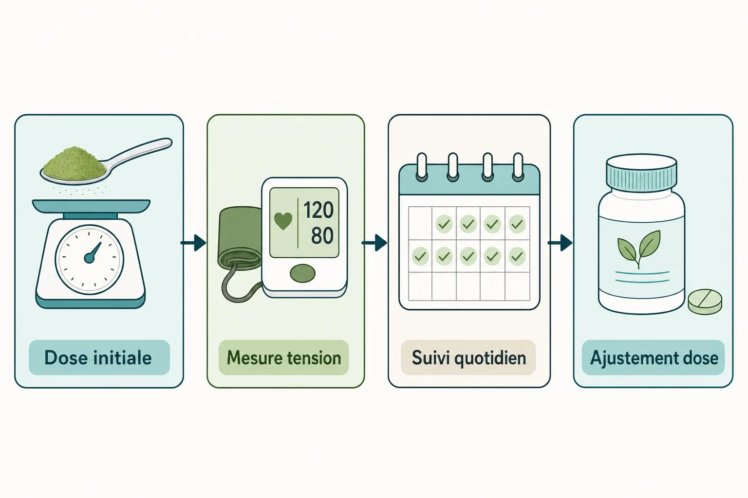 Baladeur de spiruline et hypertension: schéma illustrant dose initiale, mesure tension, suivi quotidien et ajustement de dose.
