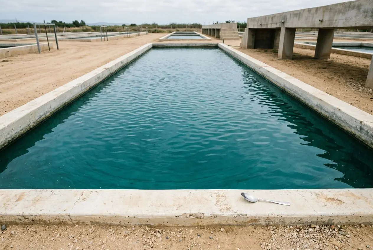 Bassin d’alimentation ou réservoirs d’eau turquoise dans un site industriel, avec couvercles en béton et cuillère métallique au premier plan. effets secondaires spiruline quotidienne intégrés non visibles.