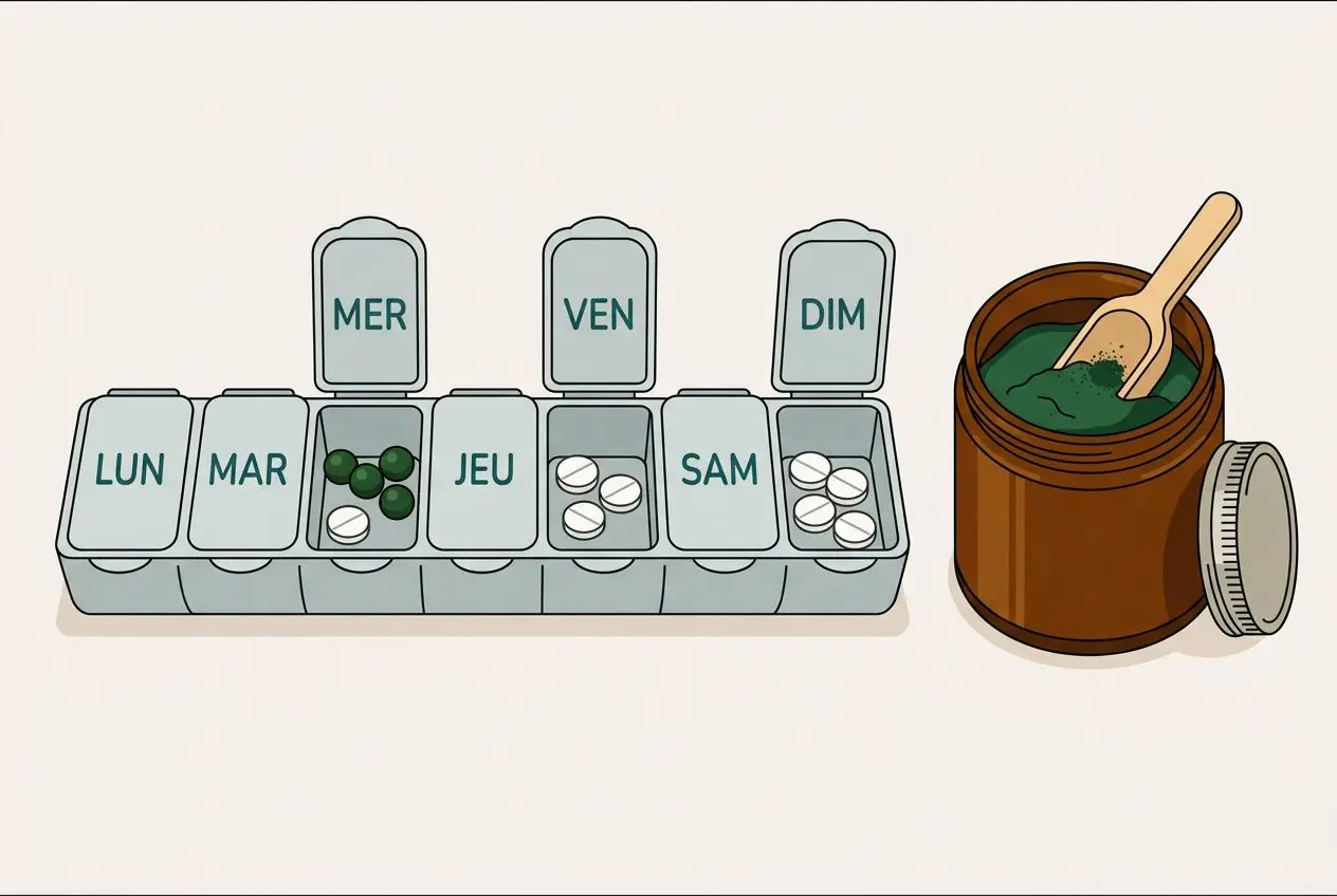 Boîte de pilules hebdomadaire et bol de spiruline en poudre, suggérant un plan d’usage pour la spiruline et hypertension.