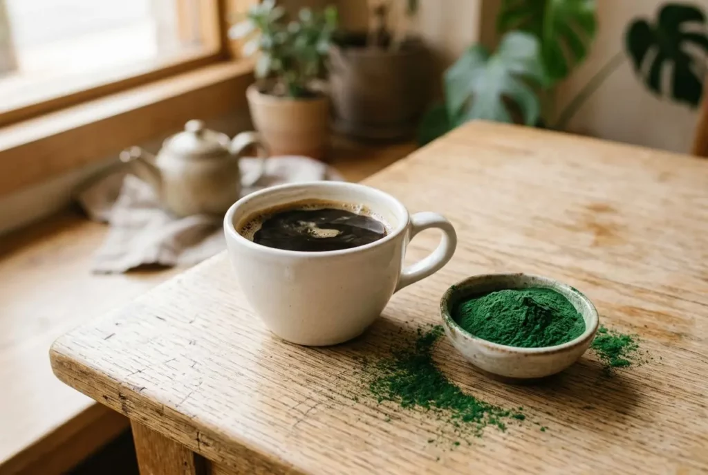 T cup de café noir à côté d’une cuillère de spiruline en poudre verte sur une table en bois, ambiance naturelle.
